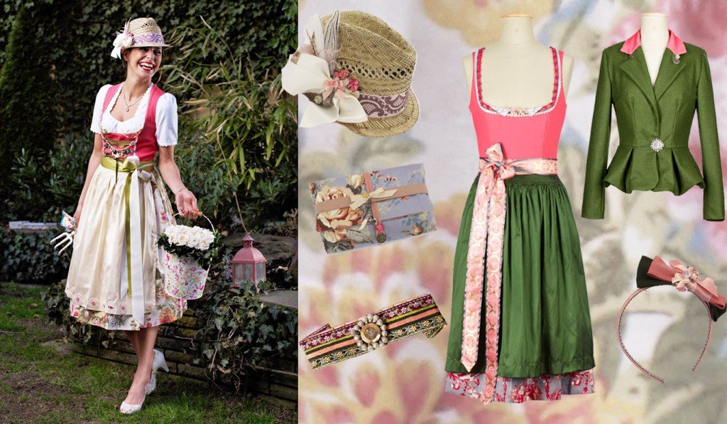 Amsel Dirndl Matilda: Sommerliches Dirndl mit lachsfarbenem Oberteil und taupefarbenem Toile de Jouy Rock. 100% Baumwolle, 100 % Naturseide. Dirndl rosa - Amsel Fashion Tracht
